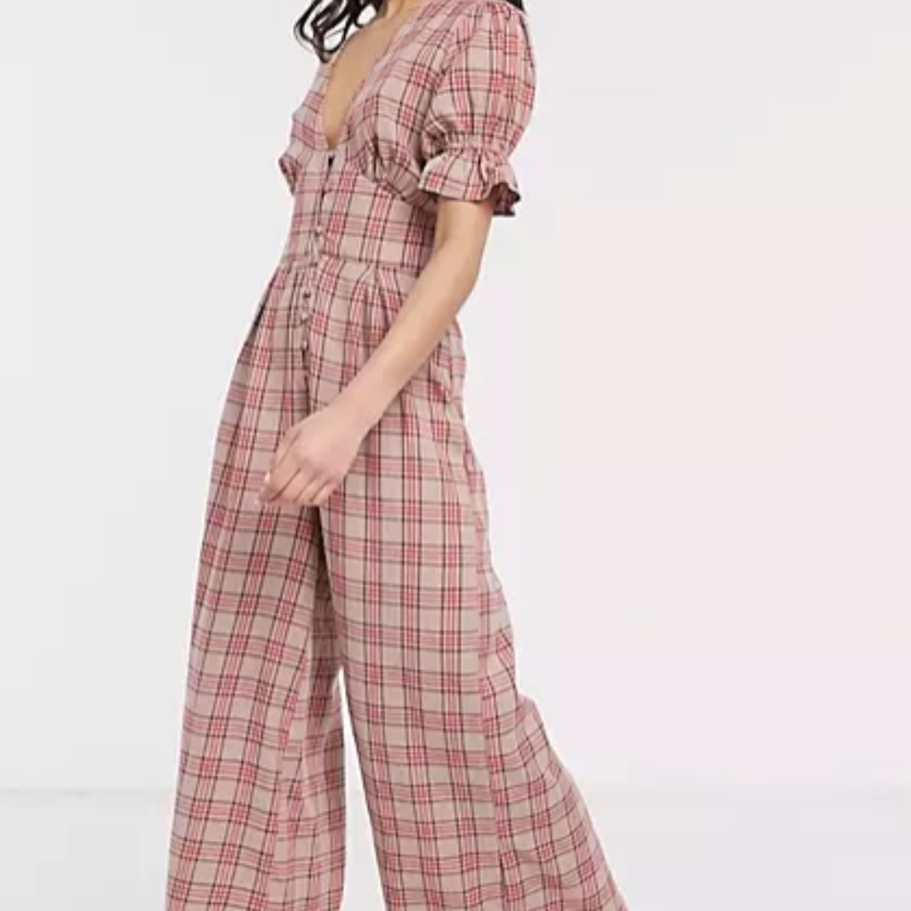 ASOS DESIGN Puff Sleeve Jumpsuit in Pink Check